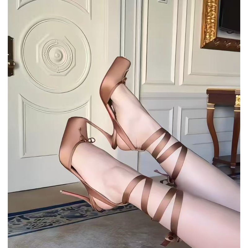 Women'S Shoes Quality - 赤いハイヒール、プリーツリボン付き女性用ヘッドラップ、アンクルストラップサンダル、バレエスタイルのクロスバックルウェディングシューズ