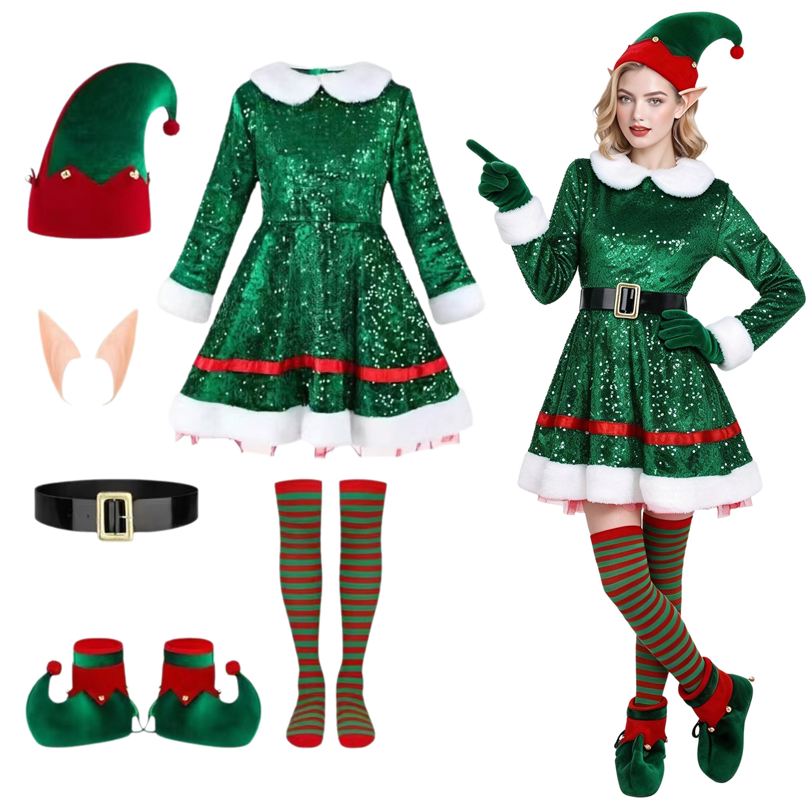 Women Shoes Xxl - エルフのコスプレ衣装、クリスマス用、女性用ガウン、サンタクロースのコスプレ衣装、クリスマスパーティー、カーニバル、トップス、パンツ、帽子、耳飾り、ベルト、靴下、靴