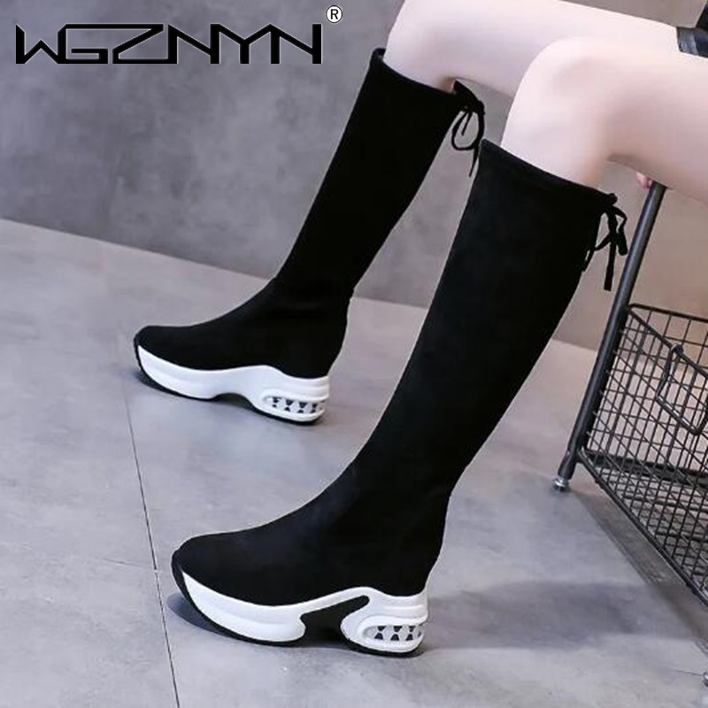 Knee High Boots Women - 女性のための厚くて暖かいプラットフォームの長いブーツ,レースアップの群れ,膝の高さ,高さの増加,伸縮性のある靴,黒,冬,ファッション