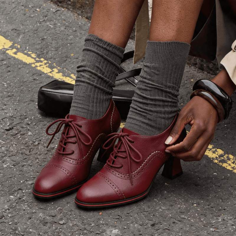 Oxford Lace Up Women - レディース フェイクレザー ブローグ オックスフォード ヒール フレア