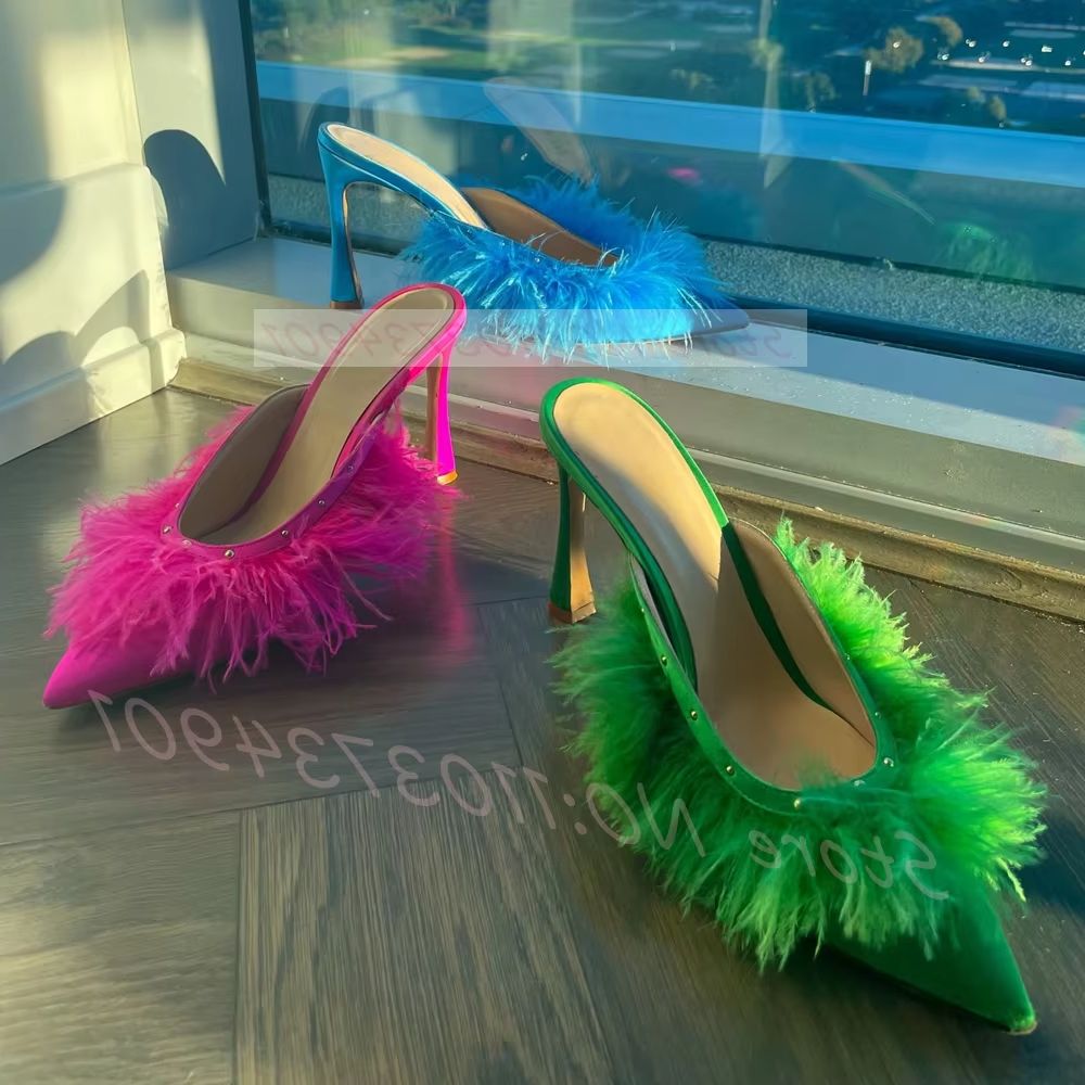ふわふわダチョウの羽根を使用したヒールミュール、女性用セクシ - Court Heel Pointed のレビューと価格