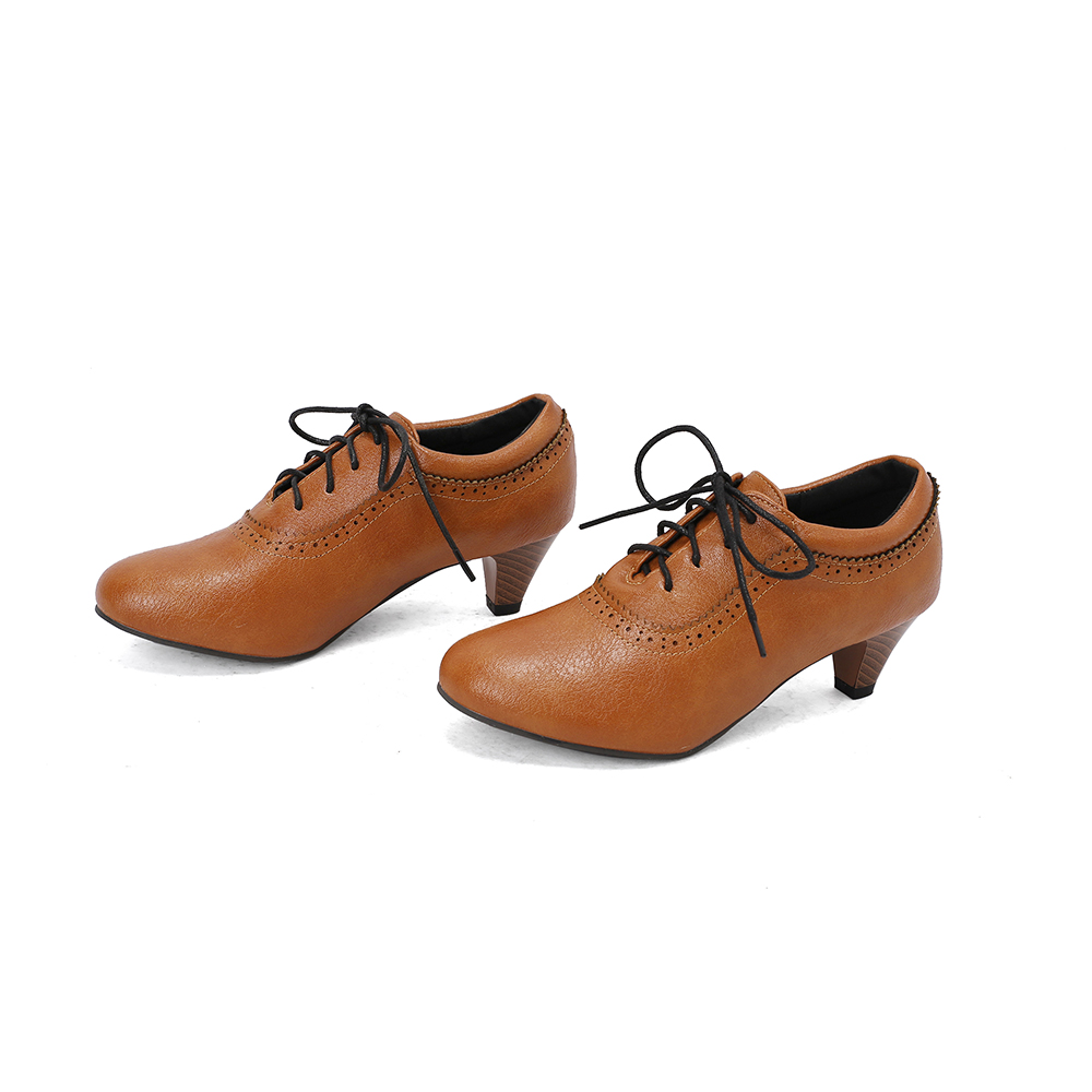 新登場。通気性の良い、茶色と黄色の女性用パンプス。ファッショ - Oxford Lace Up Women のレビューと価格