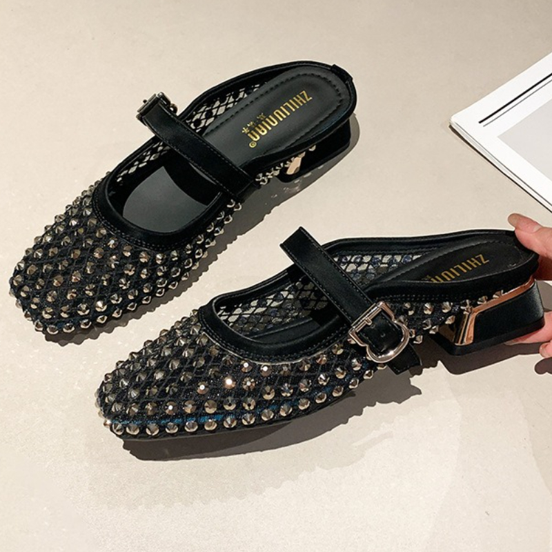 メッシュラインストーンチャンキーヒールミュールスリッパ女性通 - Mule Slip On のレビューと価格