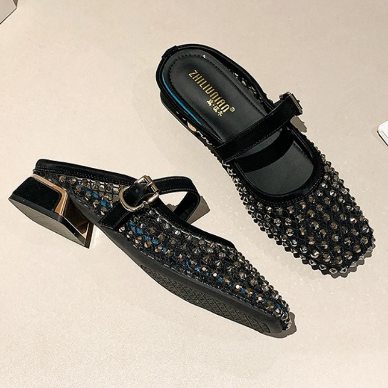 メッシュラインストーンチャンキーヒールミュールスリッパ女性通 - Mule Slip On のレビューと価格