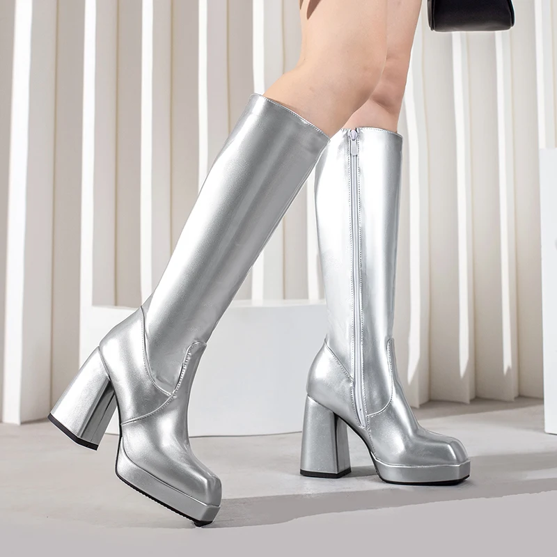 女性用パテントレザーニーハイブーツ,ヒールブロック,スクエア - Knee High Boots Women のレビューと価格