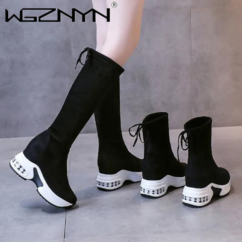 女性のための厚くて暖かいプラットフォームの長いブーツ,レース - Knee High Boots Women のレビューと価格