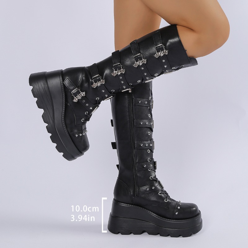 黒のニーハイブーツ、女性用、スタッズ付き、バックルストラップ - Knee High Boots Women のレビューと価格